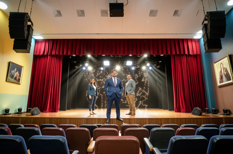 Световое оборудование.Световое оборудование должно предусматривать как естественное, так и полностью приглушенное или искусственное освещение, что важно учитывать при проектировке актового зала. Решение этой задачи – проектирование больших окон с автоматически опускающимися рулонными шторами, которые плотно прилегают к окну и не пропускают солнечный свет. Шторы поднимаются и опускаются по мере необходимости, что позволяет добиться необходимого уровня освещения довольно быстро.Для достаточного искусственного освещения используются светодиодные прожекторы заливного типа и источники фокусируемого света.